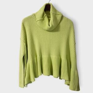 Free People Layer Cake Sweater Key Lime Green Sz XS Ribbed Asymmetric Turtleneck